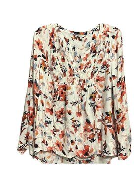 Lucky Brand White Floral Long Sleeve Boho Blouse S V-Neck Lightweight Top